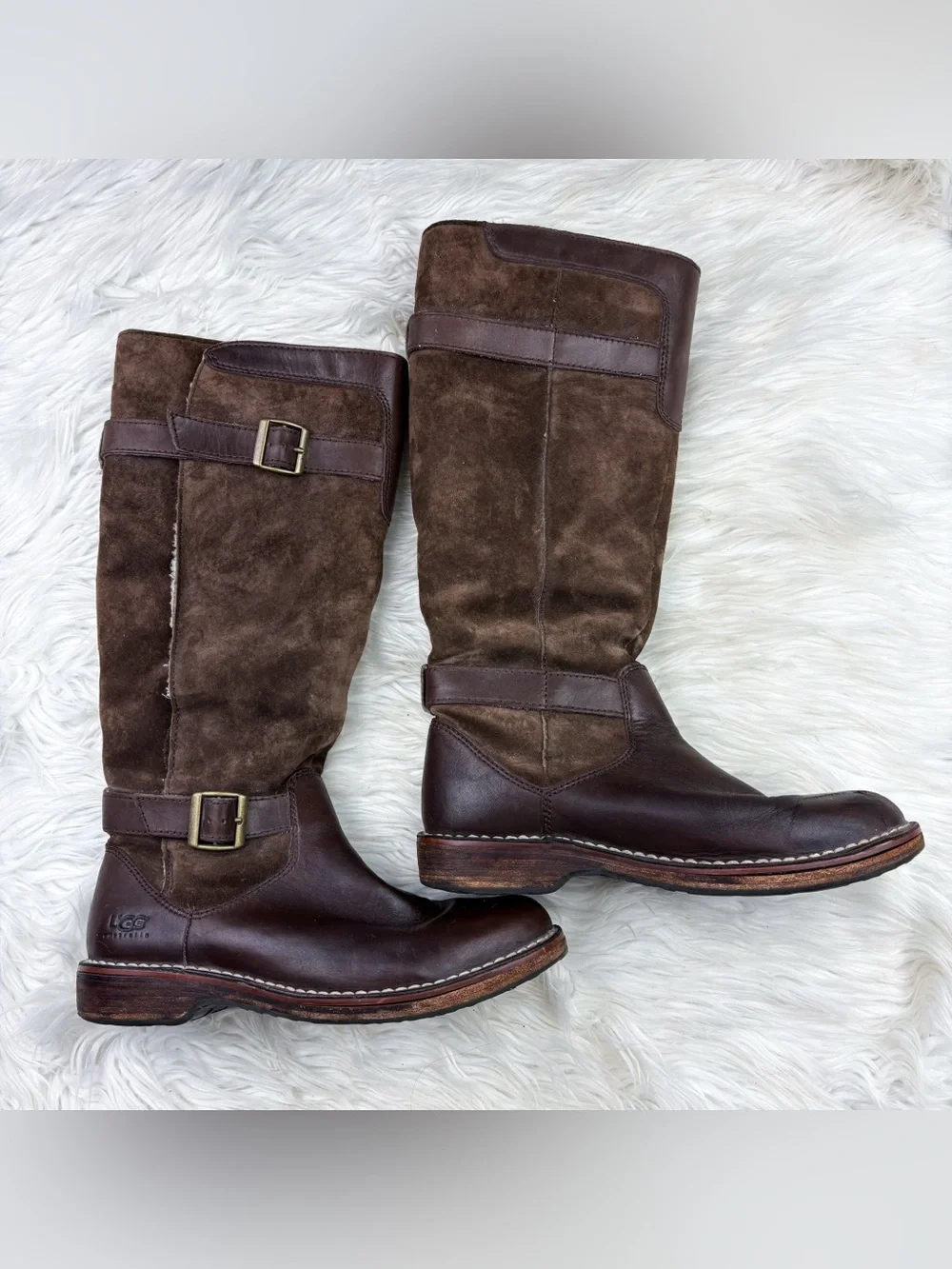 UGG Dunwich Shearling Sherpa Lined Suede Leather Tall Riding Boots Winter Brown